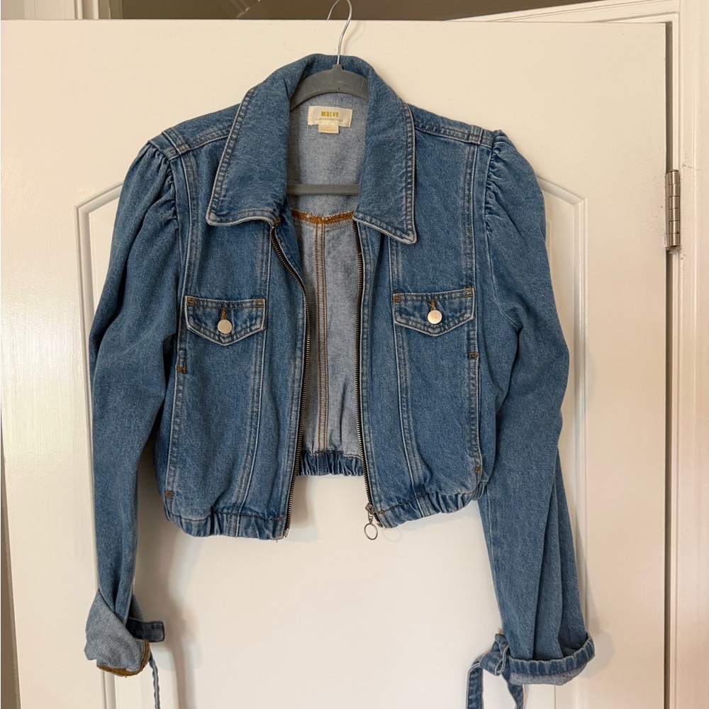 Maeve Denim Bomber Jacket with puffed sleeves